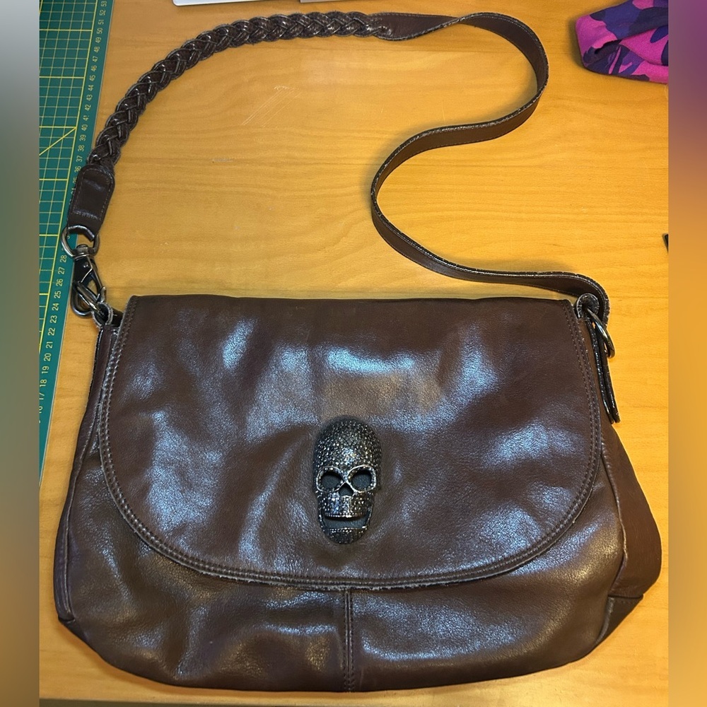 Thomas Wylde braided leather rhinestone skull crossbody bag